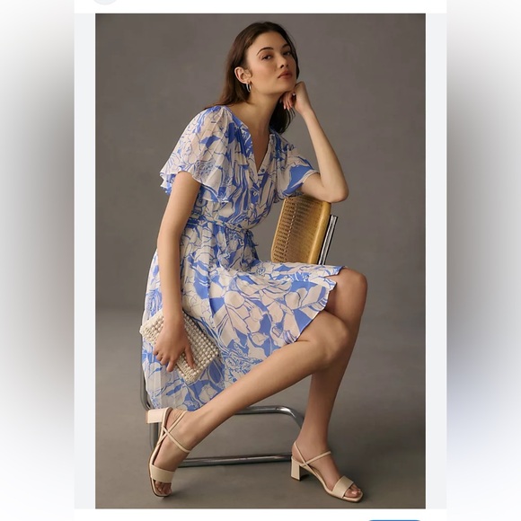 Anthropologie Dresses & Skirts - Anthropologie V-neck Ruffle Sleeve Pleated Breezy Midi Dress